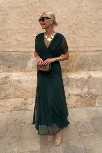Arabella Off Shoulder Mesh Christmas Party Dress with Flowing Midi Skirt