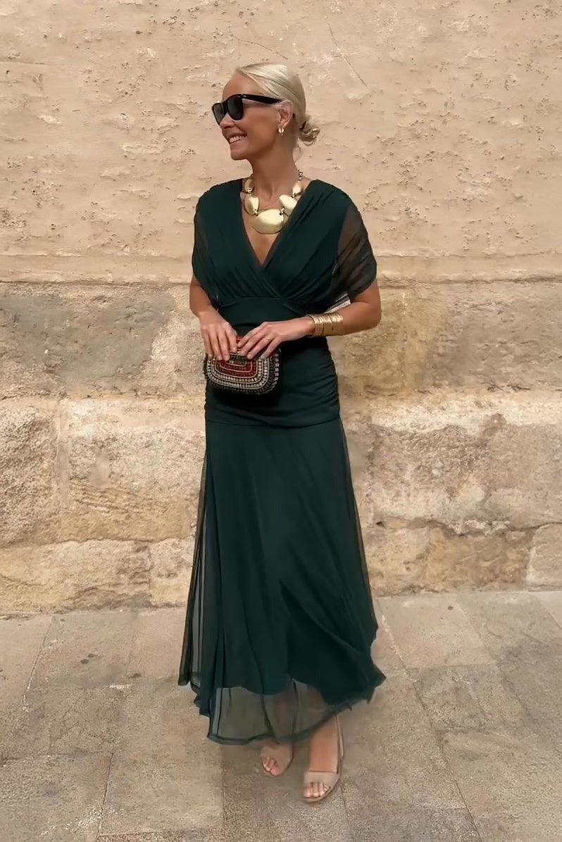 Arabella Off Shoulder Mesh Christmas Party Dress with Flowing Midi Skirt
