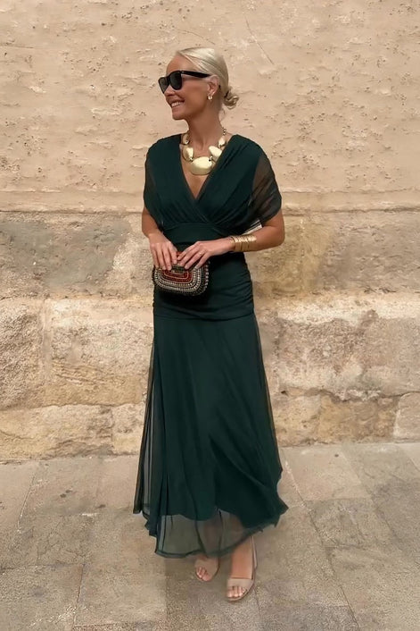 Arabella Off Shoulder Mesh Christmas Party Dress with Flowing Midi Skirt