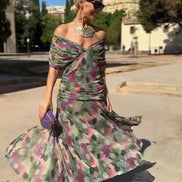 Arabella Off Shoulder Mesh Christmas Party Dress with Flowing Midi Skirt