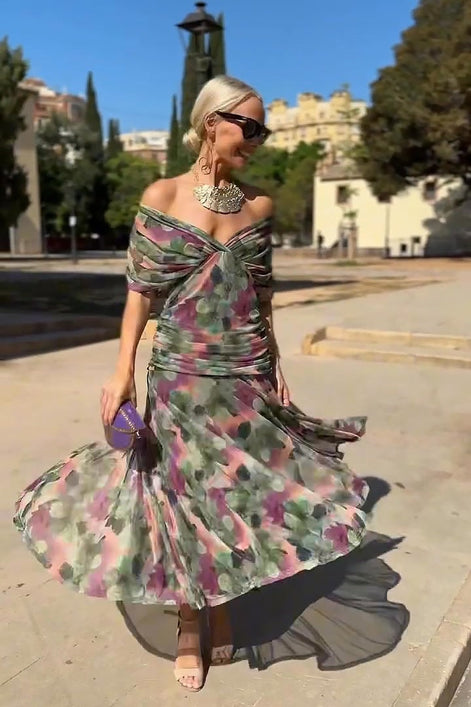 Arabella Off Shoulder Mesh Christmas Party Dress with Flowing Midi Skirt