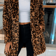 Leora Women's Leopard Print Faux Fur Longline Winter Coat with Open Front