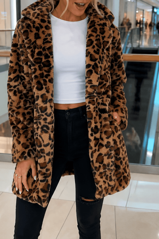 Leora Women's Leopard Print Faux Fur Longline Winter Coat with Open Front