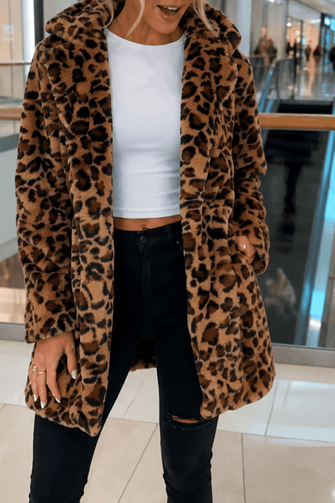 Leora Women's Leopard Print Faux Fur Longline Winter Coat with Open Front