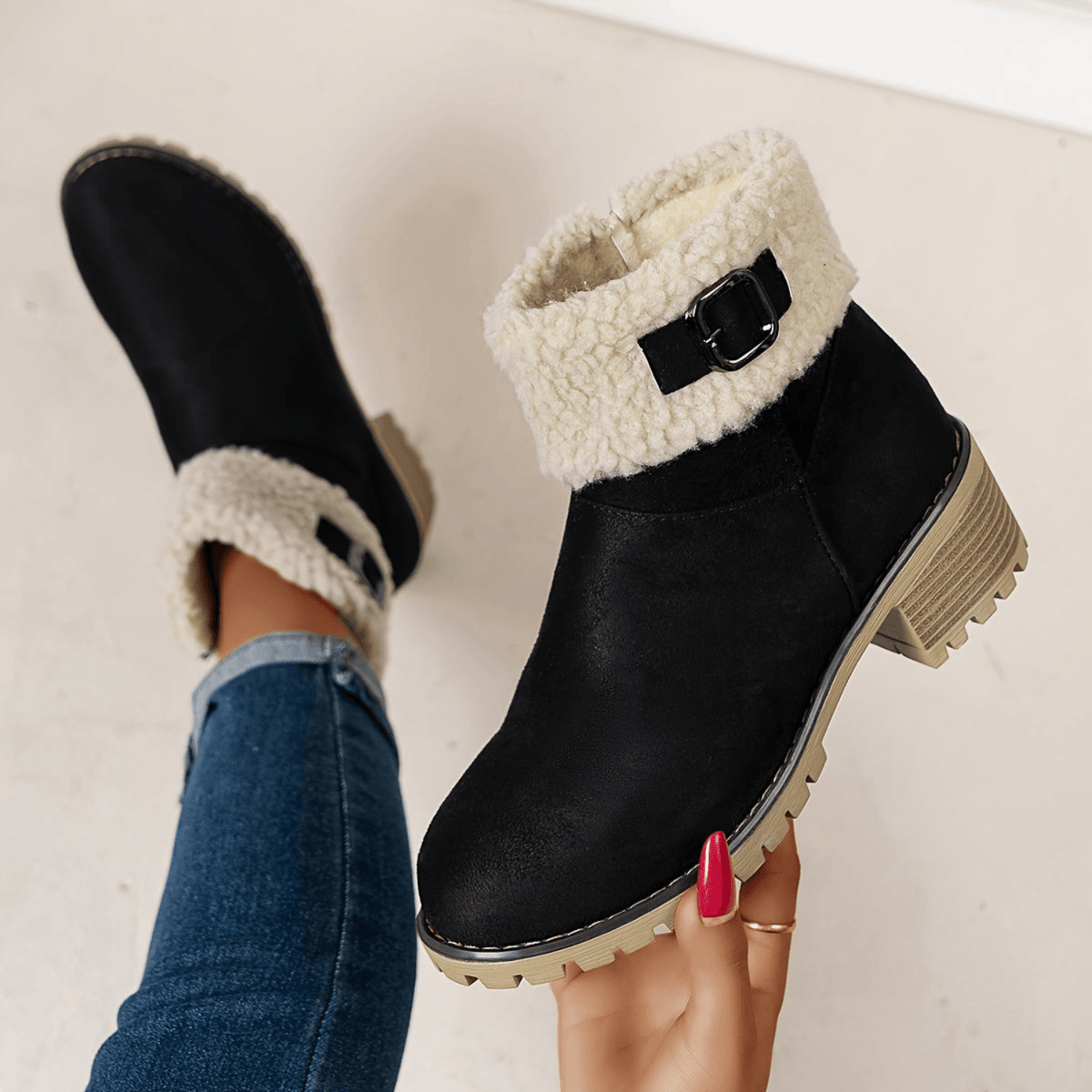 Women's Faux Suede Ankle Boots with Shearling Cuff and Block Heel