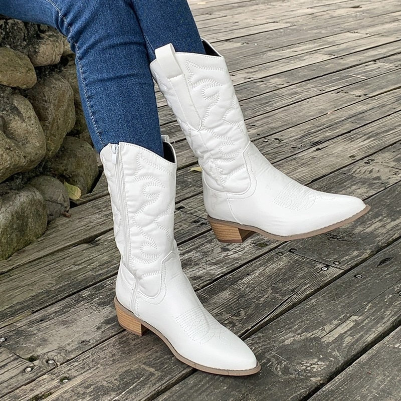 Nadia Embroidered Mid-Calf Western Boots for Women with Block Heel