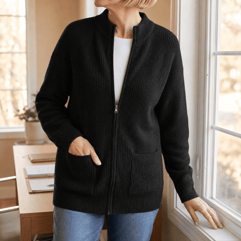 Women's Ribbed Zip-Up Knitted Cardigan with Pockets