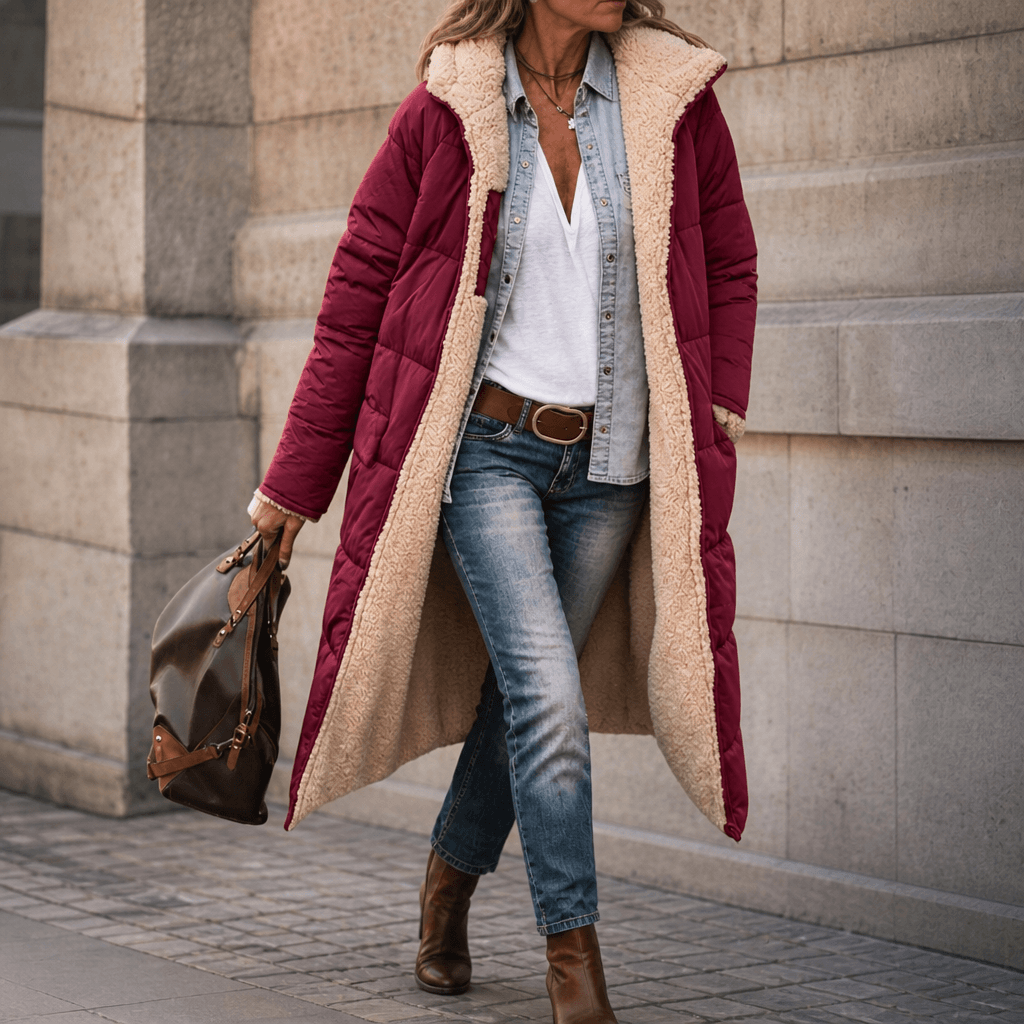 Reversa Women's Reversible Hooded Longline Winter Coat with Sherpa Lining