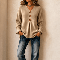 Women's Ribbed V-Neck Knitted Jumper with Button Detail