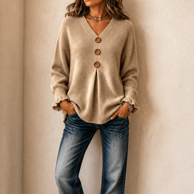 Women's Ribbed V-Neck Knitted Jumper with Button Detail