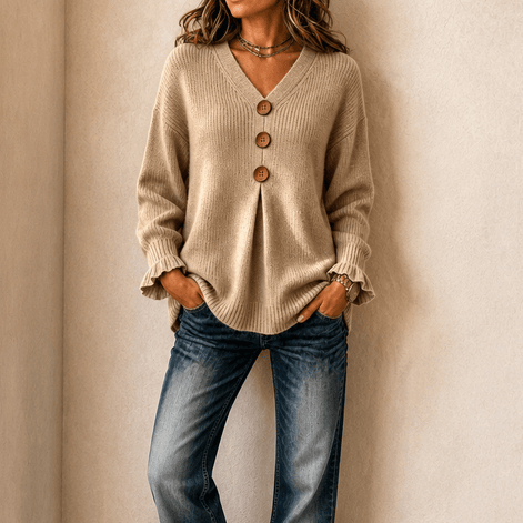 Women's Ribbed V-Neck Knitted Jumper with Button Detail