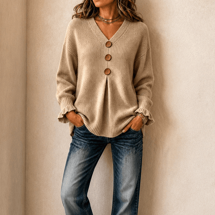 Women's Ribbed V-Neck Knitted Jumper with Button Detail