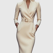 Long Sleeve Belted Bodycon Christmas Dress with Stand Collar
