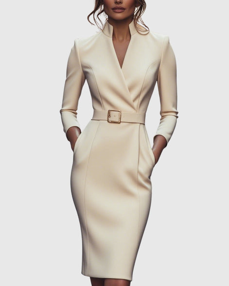 Long Sleeve Belted Bodycon Christmas Dress with Stand Collar
