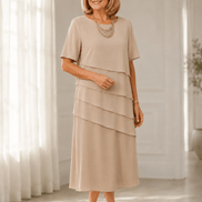 Florenza Tiered Short-Sleeve Women's Midi Dress with Round Neck