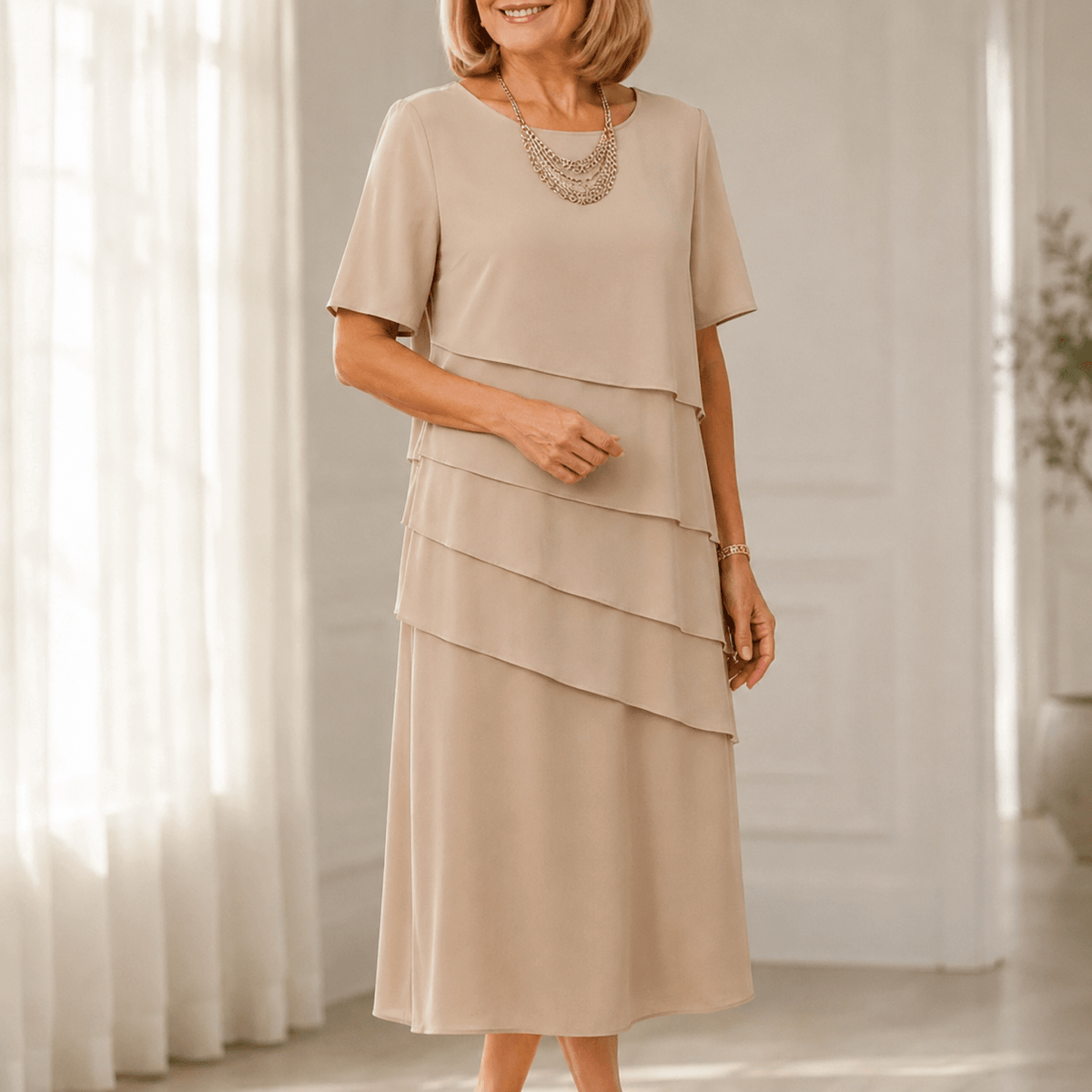 Florenza Tiered Short-Sleeve Women's Midi Dress with Round Neck