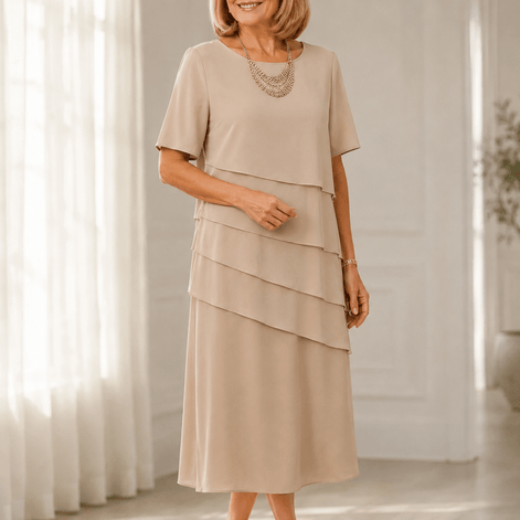 Florenza Tiered Short-Sleeve Women's Midi Dress with Round Neck