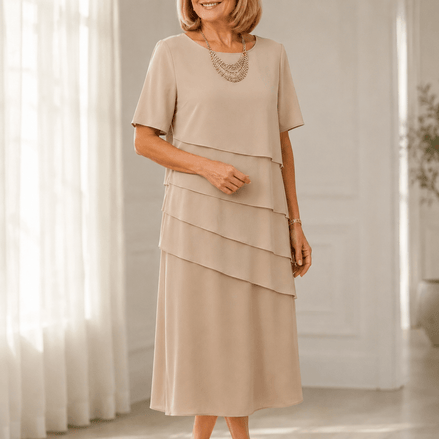 Florenza Tiered Short-Sleeve Women's Midi Dress with Round Neck