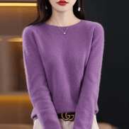 Crew Neck Cashmere Sweater with Ribbed Cuffs in Solid Pattern for Women