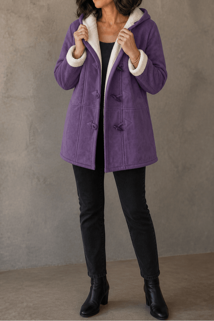 Women's Hooded Faux Suede Winter Coat with Plush Sherpa Lining