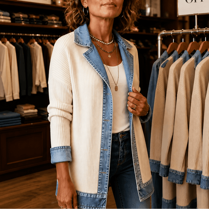 Women's Ribbed Knit Cardigan Coat with Denim Panel Trim