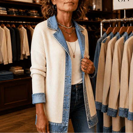 Women's Ribbed Knit Cardigan Coat with Denim Panel Trim