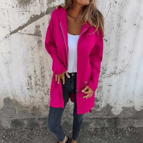 Women's Longline Hooded Zip-Up Jacket with Pockets