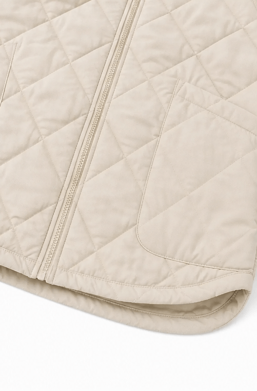 Women's Quilted Puffer Jacket with Knit Panel Trim at Waist and Cuffs