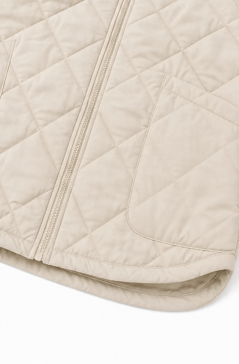 Women's Quilted Puffer Jacket with Knit Panel Trim at Waist and Cuffs
