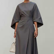 Belted Satin Midi Dress with Draped Skirt for Christmas Parties