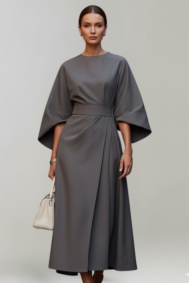 Belted Satin Midi Dress with Draped Skirt for Christmas Parties