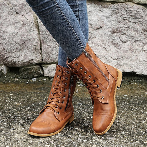 Hazel Faux Leather Combat Boots with Side Zip and Buckle Detail for Women