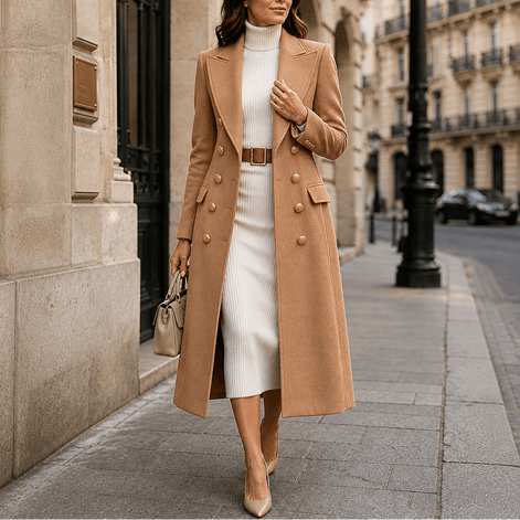 Women's Double-Breasted Wool-Look Winter Coat with Gold Buttons
