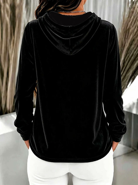 Women's Long-Sleeve Velvet Hoodie with Button Placket and Drawstring