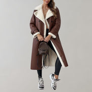 Long Belted Teddy Collar Faux Leather Winter Coats for Women