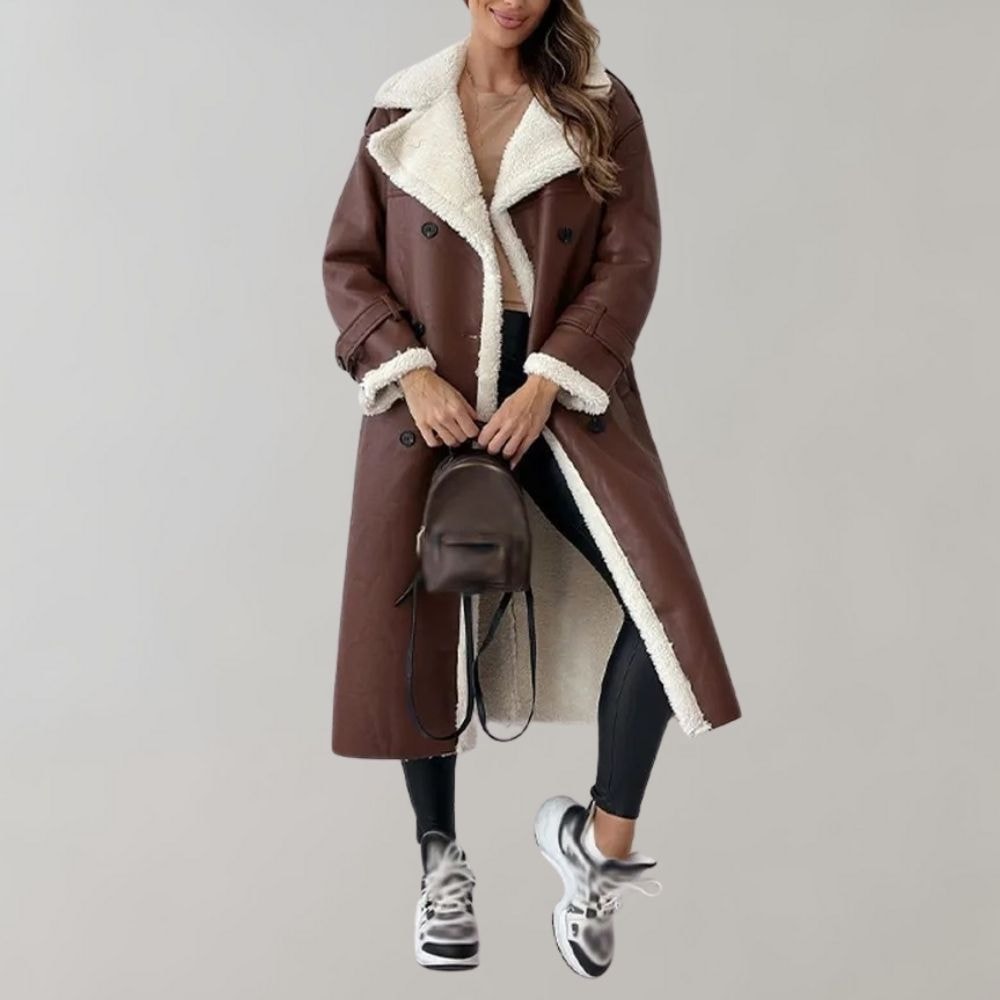 Long Belted Teddy Collar Faux Leather Winter Coats for Women