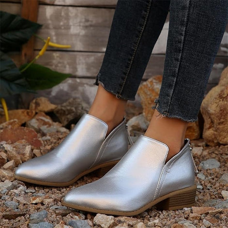 Ankle Low Heel Slip On Womens Boots with Back Zip Detail