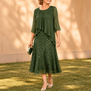 Elavine Lace Overlay Chiffon Women's Midi Dress with Sheer Sleeves