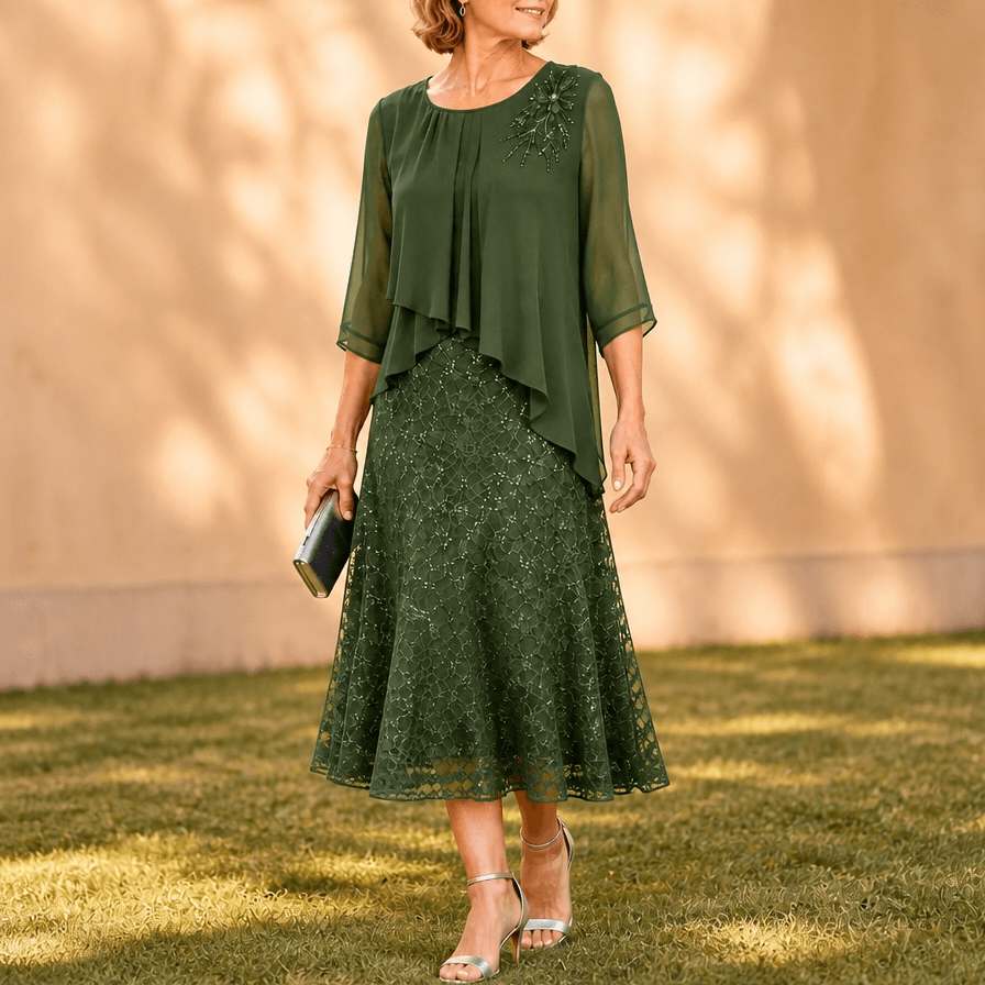 Elavine Lace Overlay Chiffon Women's Midi Dress with Sheer Sleeves