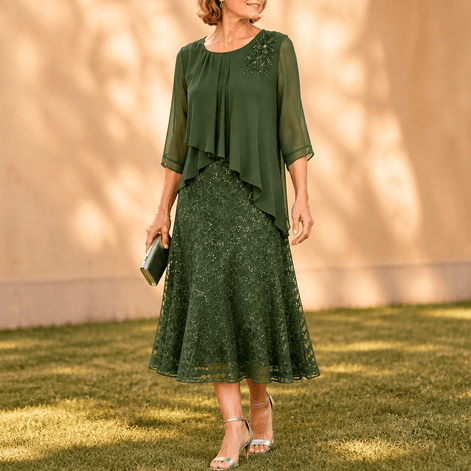 Elavine Lace Overlay Chiffon Women's Midi Dress with Sheer Sleeves