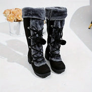 Women's Black Faux Suede Mid-Calf Boots with Faux Fur Trim and Pom-Pom Lace-Up Detail