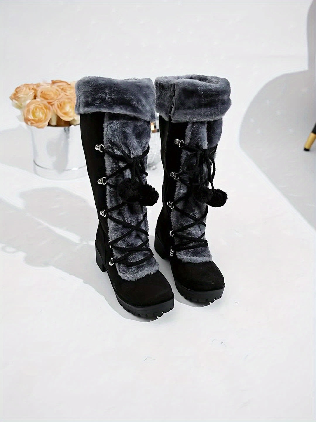 Women's Black Faux Suede Mid-Calf Boots with Faux Fur Trim and Pom-Pom Lace-Up Detail