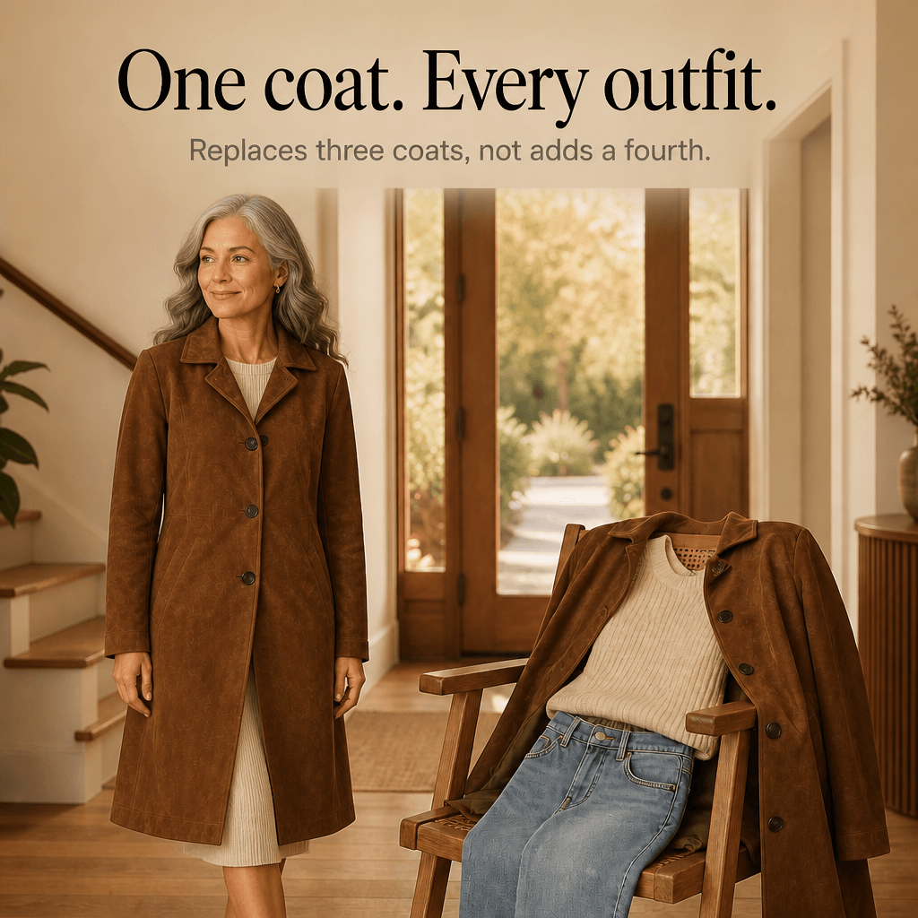 Women's Unstructured Suede-Look Long Coat with Button Front