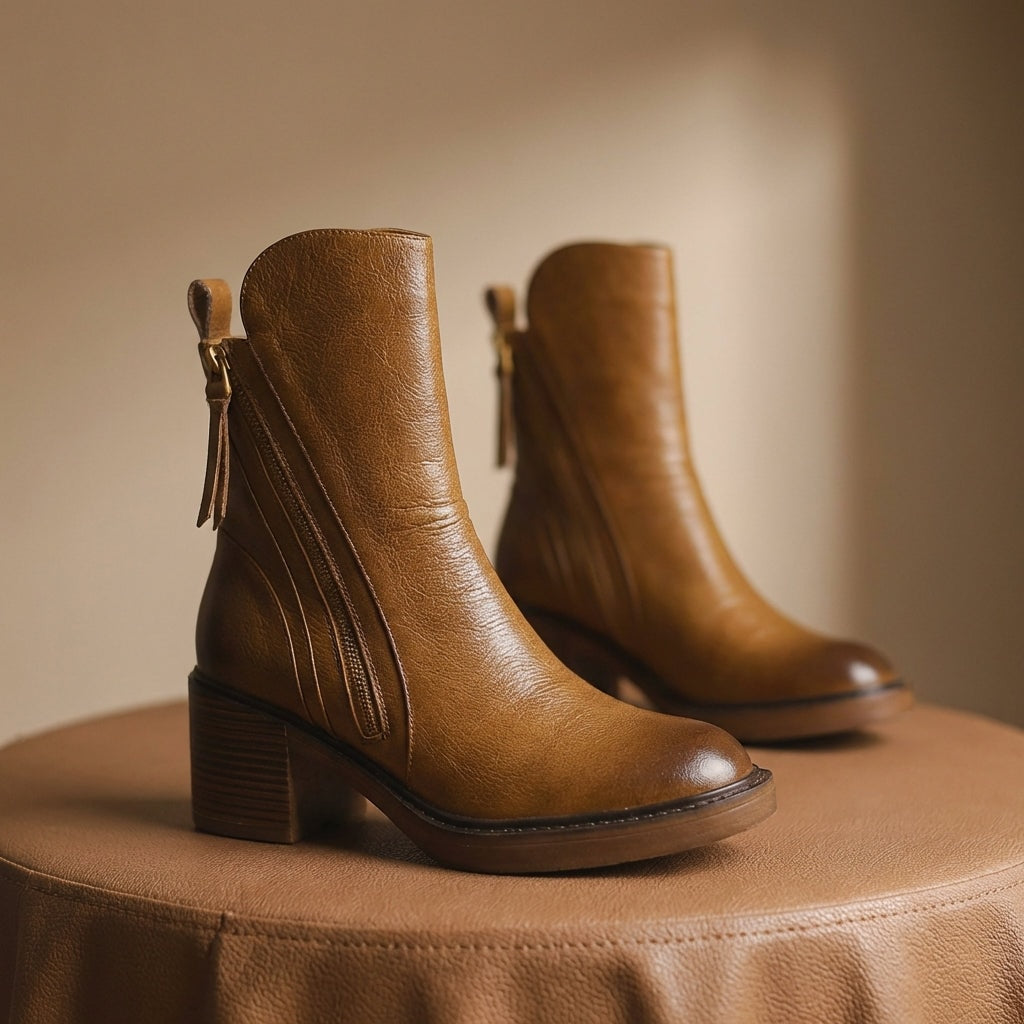 Bellora Zip-Detail Leather Ankle Boots for Women with Block Heel