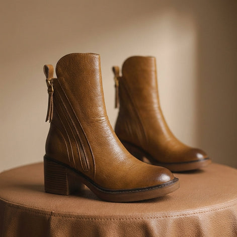 Bellora Zip-Detail Leather Ankle Boots for Women with Block Heel