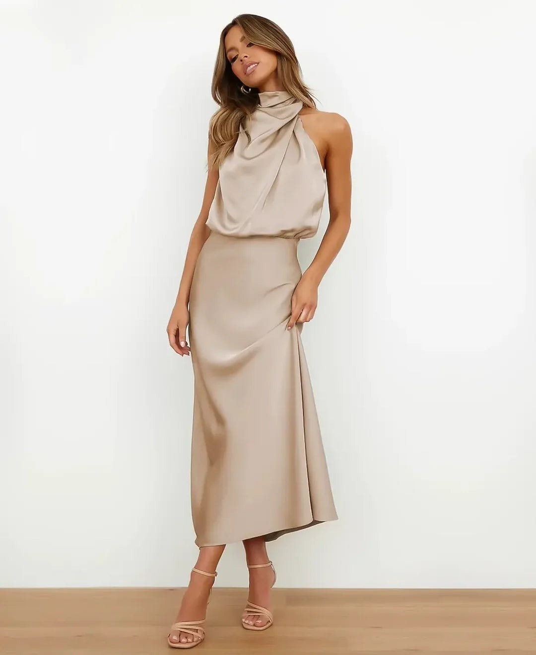 Satin Halter Neck Midi Dress for Christmas Party Occasions in Apricot