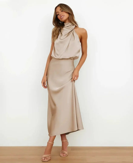 Satin Halter Neck Midi Dress for Christmas Party Occasions in Apricot