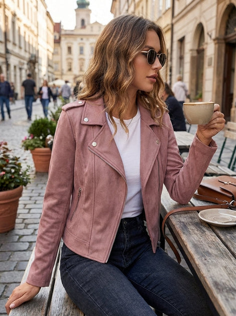 Saskia Faux Suede Biker Jacket with Asymmetrical Zip Detail
