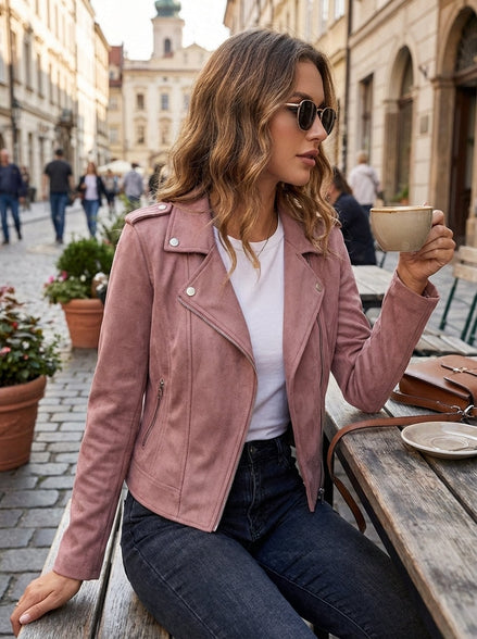 Saskia Faux Suede Biker Jacket with Asymmetrical Zip Detail