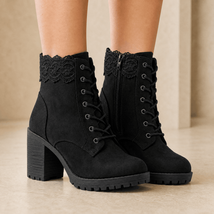 Lacelle Lace-Trim Suede Women's Ankle Boots with Block Heel